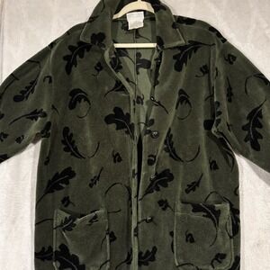 Robert Kitchen Jacket Women Medium Green Black Leaf Fleece Canada Button Up Coat